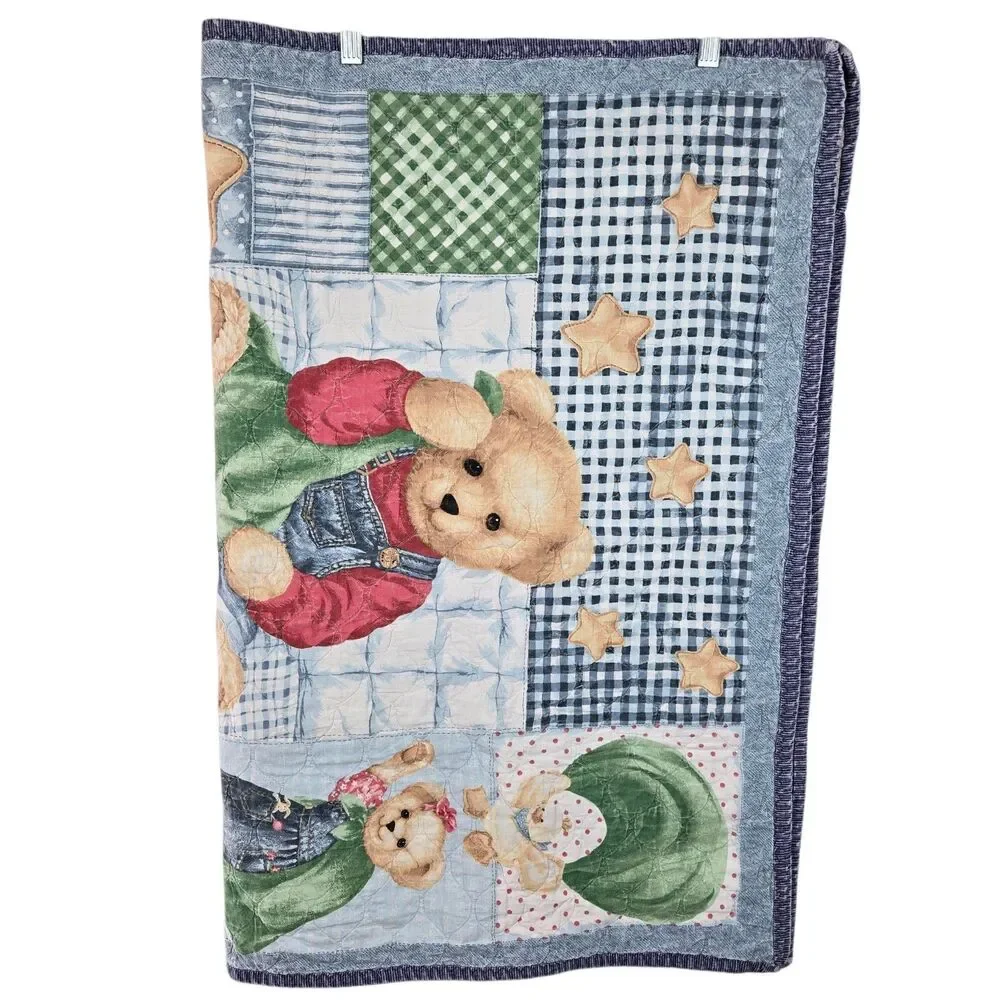 Vtg Blue Jean Teddy Bear Nursery Crib Quilt Baby Blanket Lovey 31.5